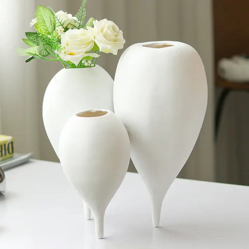 White ceramic balloon geometric vase trio for living room decor