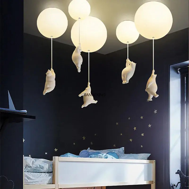 White ceramic bear led ceiling chandelier bedroom glass globe light