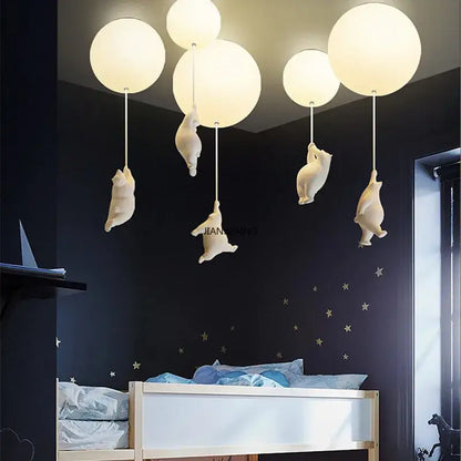 White ceramic bear led ceiling chandelier bedroom glass globe light