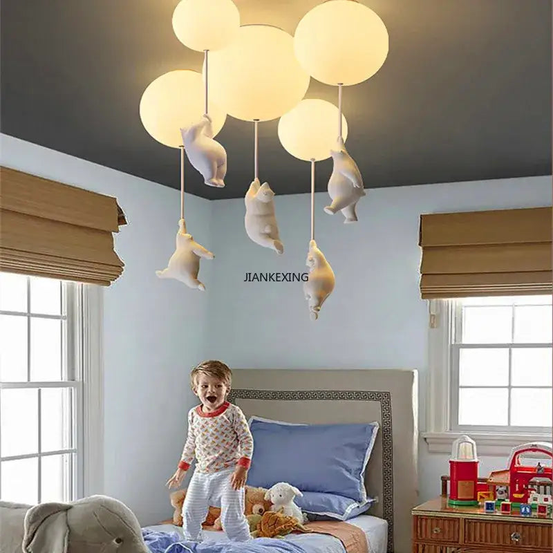 White ceramic bear led ceiling chandelier bedroom glass globe light