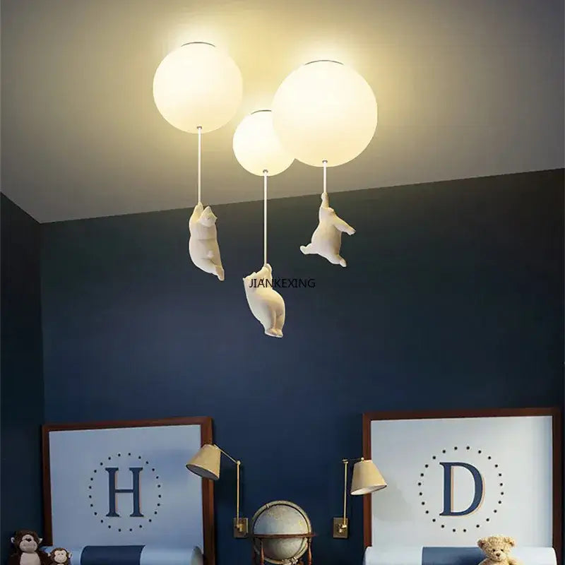 White ceramic bear led ceiling chandelier bedroom glass globe light