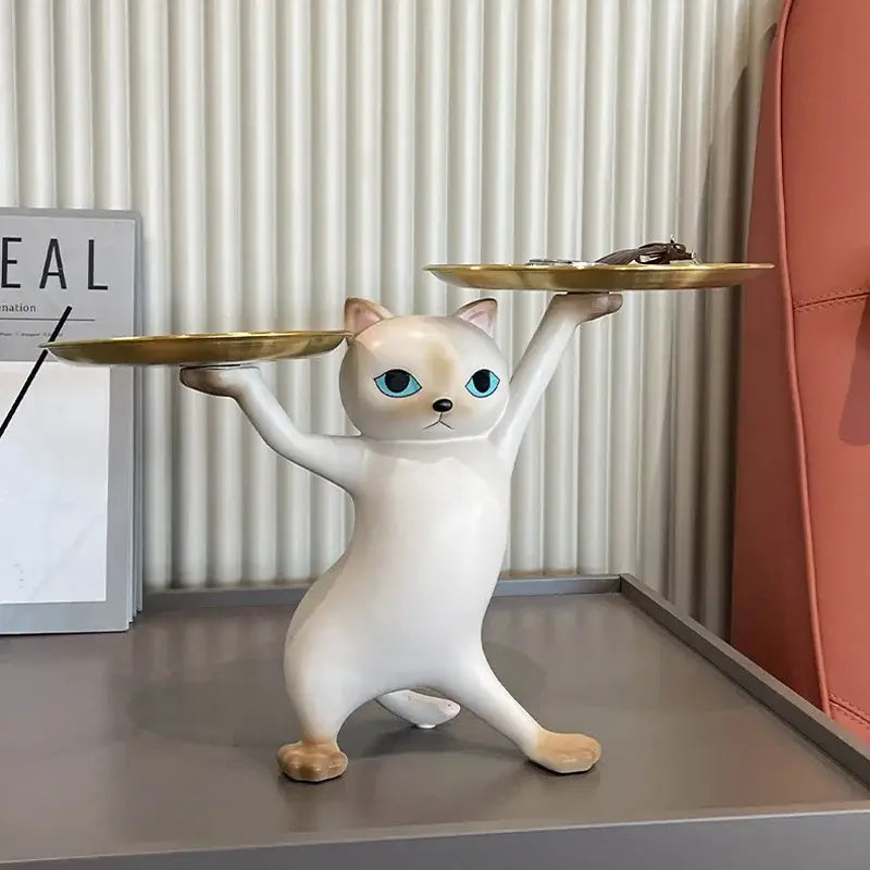 White ceramic cat tray sculpture office desk storage accessory