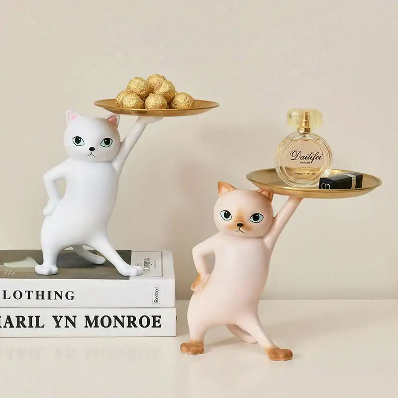 White ceramic cat tray sculpture office desk storage accessory