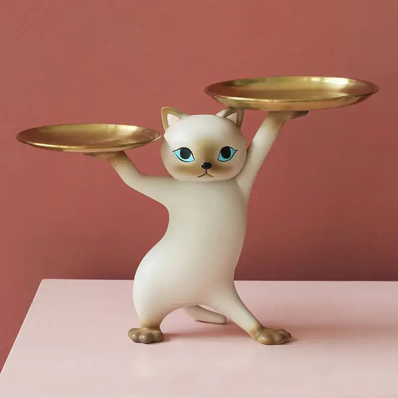 White ceramic cat tray sculpture office desk storage accessory