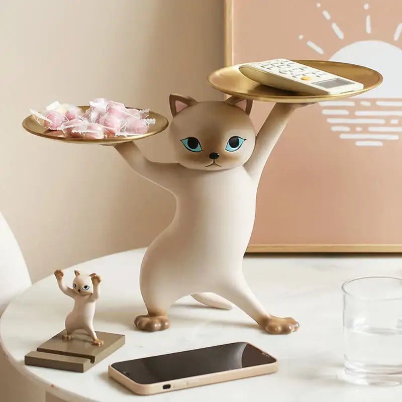 White ceramic cat tray sculpture office desk storage accessory