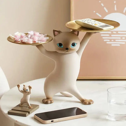 White ceramic cat tray sculpture office desk storage accessory