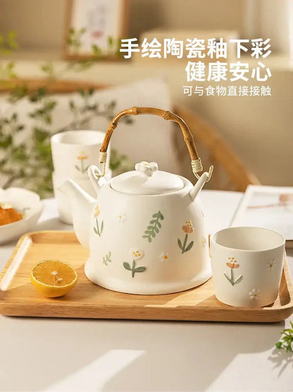 White ceramic daisy teapot set kitchen floral tea set with bamboo handle