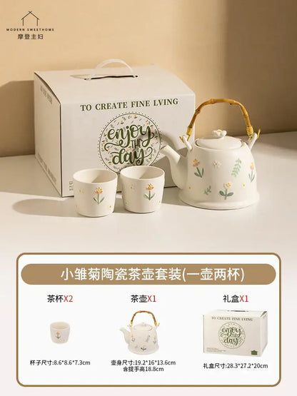 White ceramic daisy teapot set kitchen floral tea set with bamboo handle