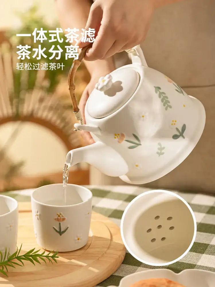 White ceramic daisy teapot set kitchen floral tea set with bamboo handle