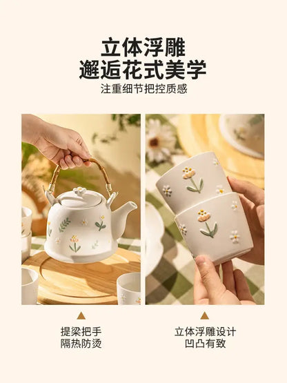 White ceramic daisy teapot set kitchen floral tea set with bamboo handle