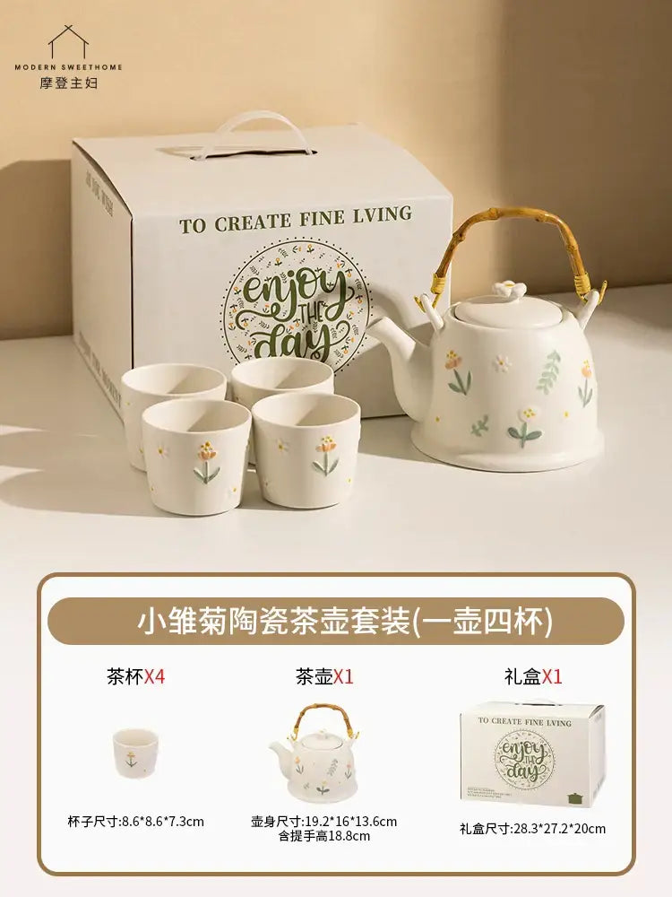 White ceramic daisy teapot set kitchen floral tea set with bamboo handle