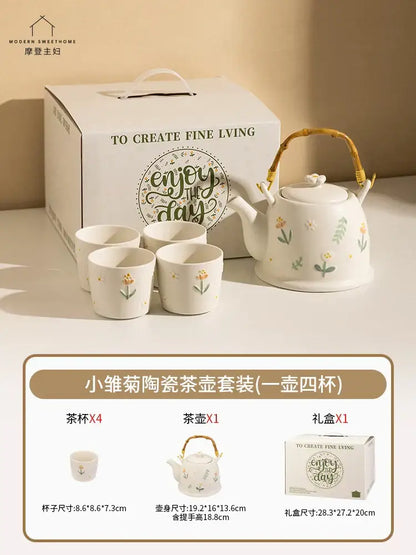 White ceramic daisy teapot set kitchen floral tea set with bamboo handle