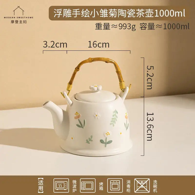White ceramic daisy teapot set kitchen floral tea set with bamboo handle