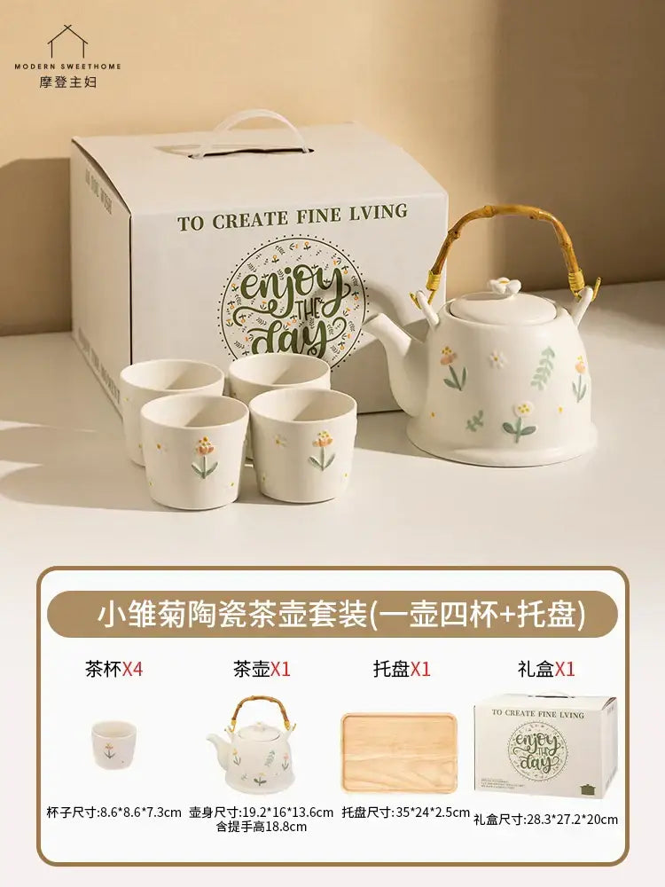 White ceramic daisy teapot set kitchen floral tea set with bamboo handle