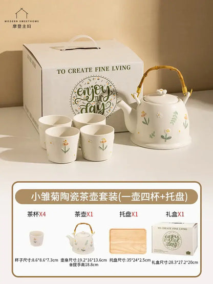 White ceramic daisy teapot set kitchen floral tea set with bamboo handle