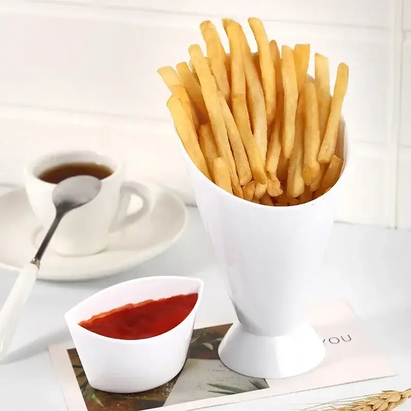 White ceramic french fries holder with sauce cup kitchen snack bowl