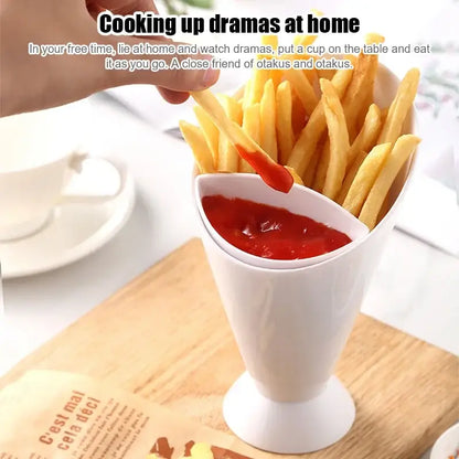 White ceramic french fries holder with sauce cup kitchen snack bowl
