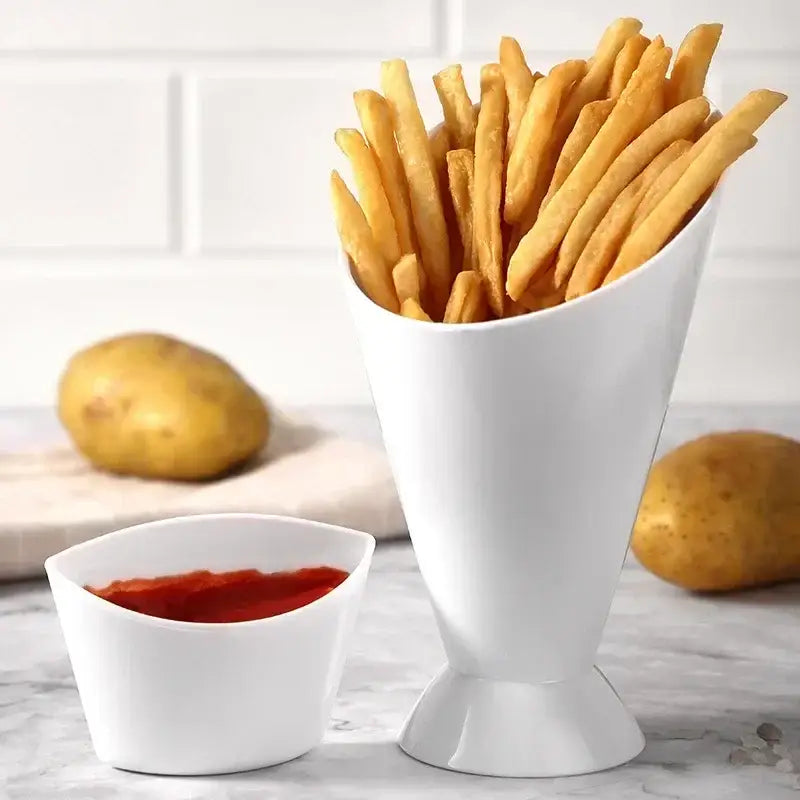 White ceramic french fries holder with sauce cup kitchen snack bowl