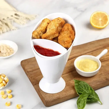 White ceramic french fries holder with sauce cup kitchen snack bowl