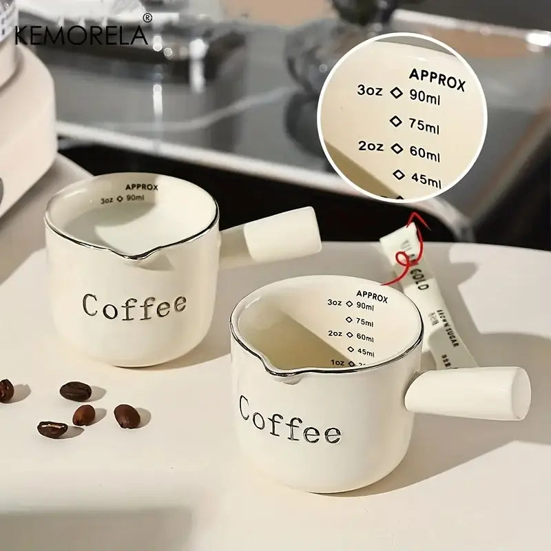 White ceramic measuring cups with silver rim – kitchen espresso tools