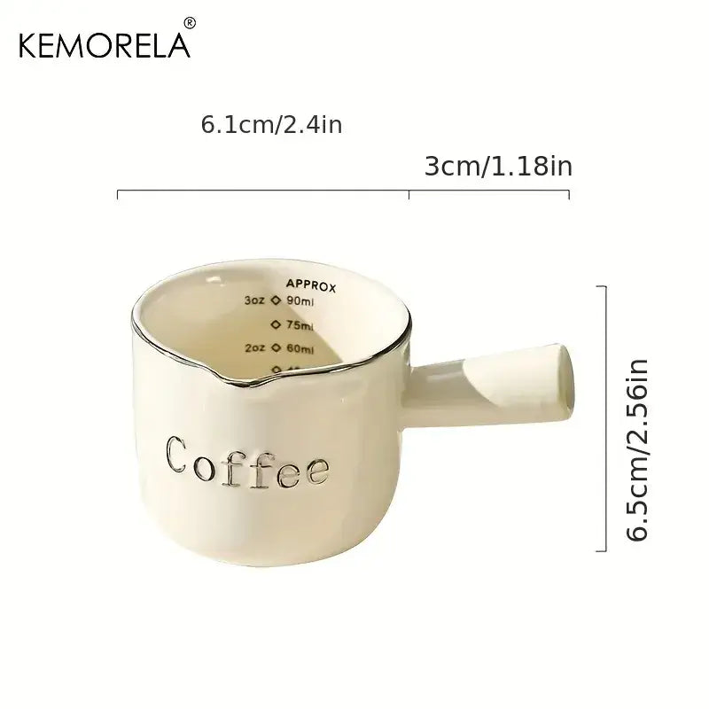 White ceramic measuring cups with silver rim – kitchen espresso tools