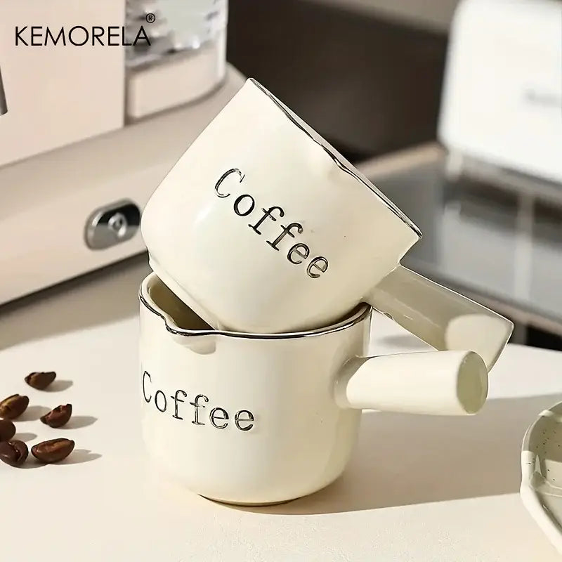 White ceramic measuring cups with silver rim – kitchen espresso tools