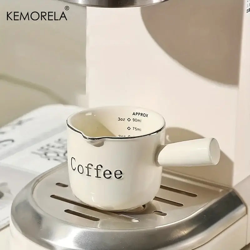 White ceramic measuring cups with silver rim – kitchen espresso tools