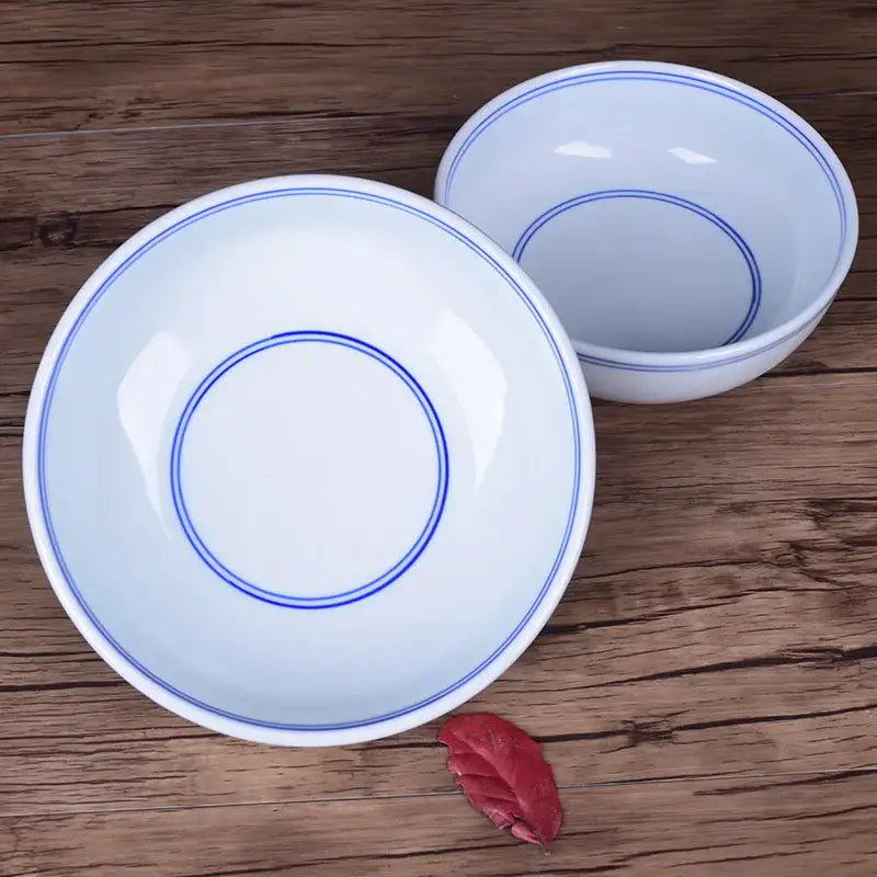 White ceramic noodle bowl with blue rim dining room tableware