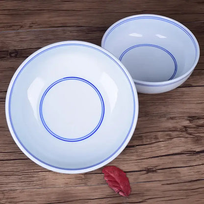 White ceramic noodle bowl with blue rim dining room tableware