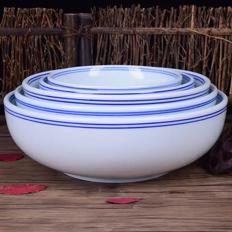 White ceramic noodle bowl with blue rim dining room tableware