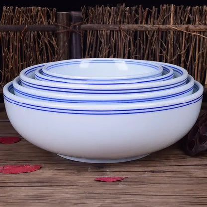 White ceramic noodle bowl with blue rim dining room tableware
