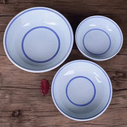 White ceramic noodle bowl with blue rim dining room tableware