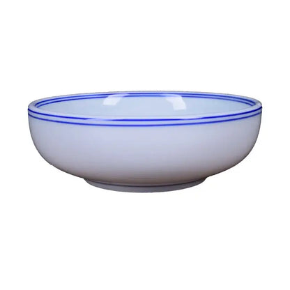 White ceramic noodle bowl with blue rim dining room tableware