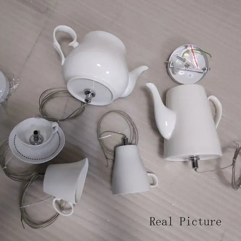 White ceramic teapot led pendant lights kitchen warm glow interior