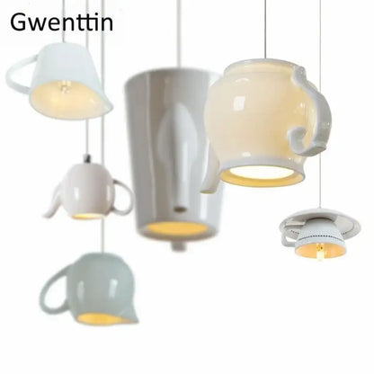 White ceramic teapot led pendant lights kitchen warm glow interior