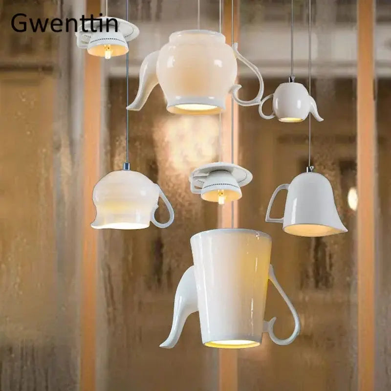 White ceramic teapot led pendant lights kitchen warm glow interior