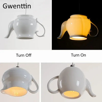 White ceramic teapot led pendant lights kitchen warm glow interior