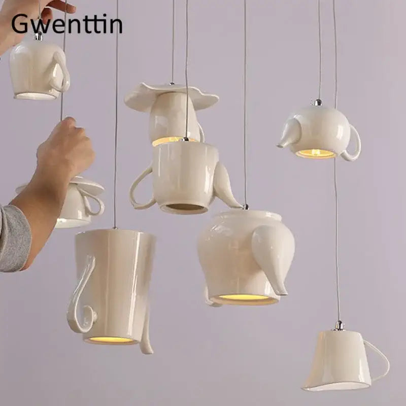 White ceramic teapot led pendant lights kitchen warm glow interior