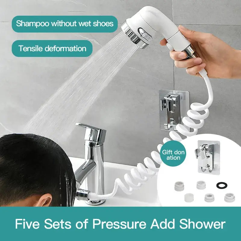 White & chrome handheld shower nozzle with hose for bathroom