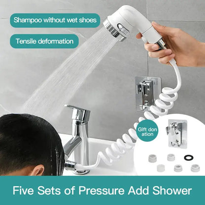 White & chrome handheld shower nozzle with hose for bathroom
