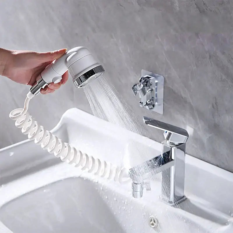 White & chrome handheld shower nozzle with hose for bathroom