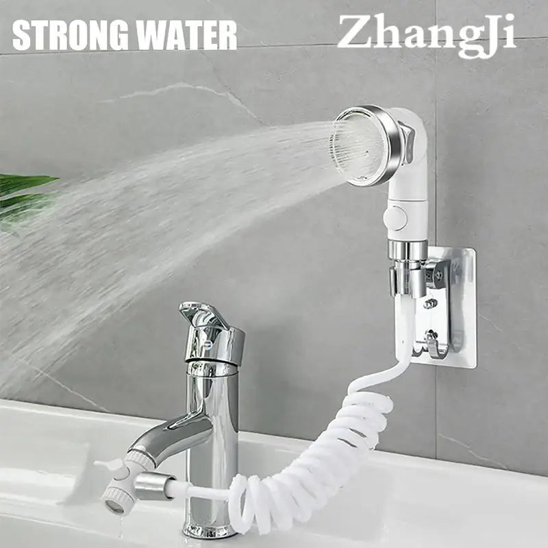 White & chrome handheld shower nozzle with hose for bathroom