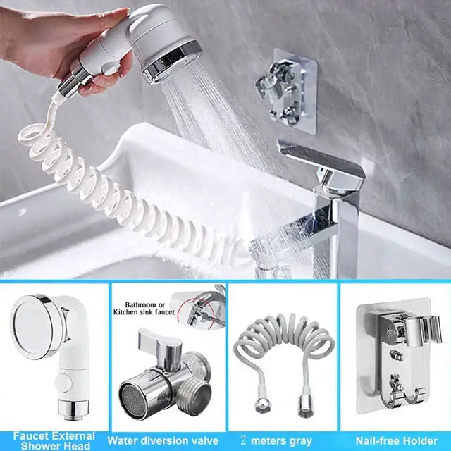 White & chrome handheld shower nozzle with hose for bathroom