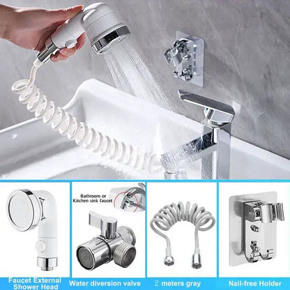 White & chrome handheld shower nozzle with hose for bathroom