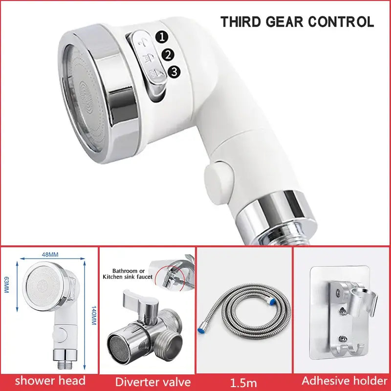 White & chrome handheld shower nozzle with hose for bathroom