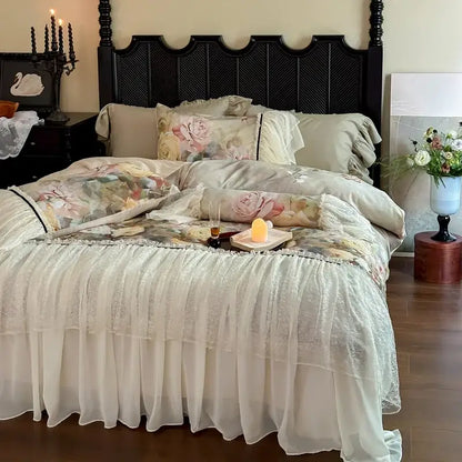 White double lace ruffles egyptian cotton bedding set bedroom