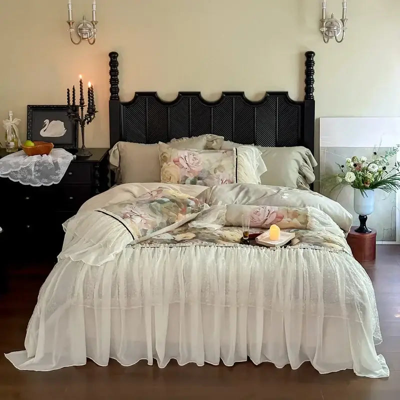 White double lace ruffles egyptian cotton bedding set bedroom