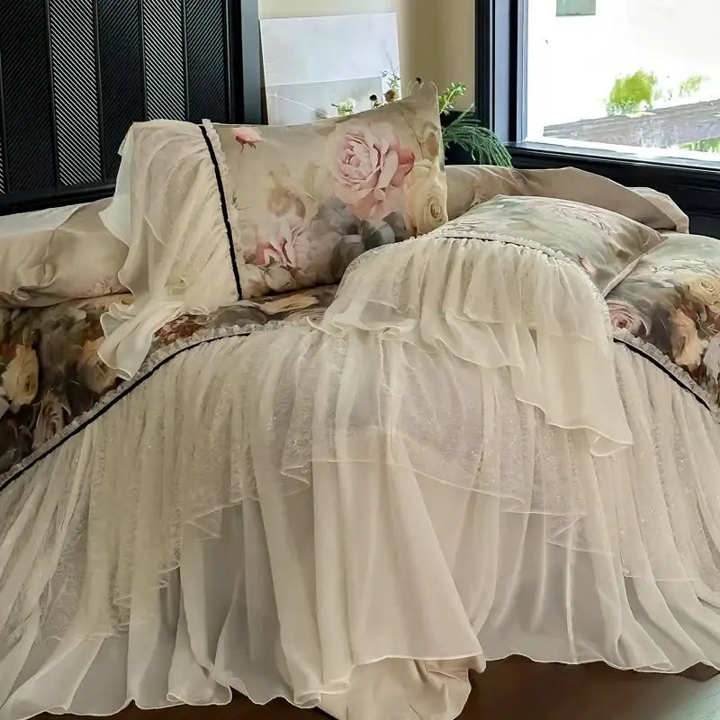 White double lace ruffles egyptian cotton bedding set bedroom