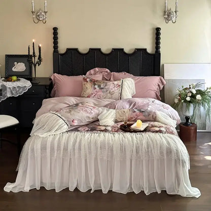 White double lace ruffles egyptian cotton bedding set bedroom