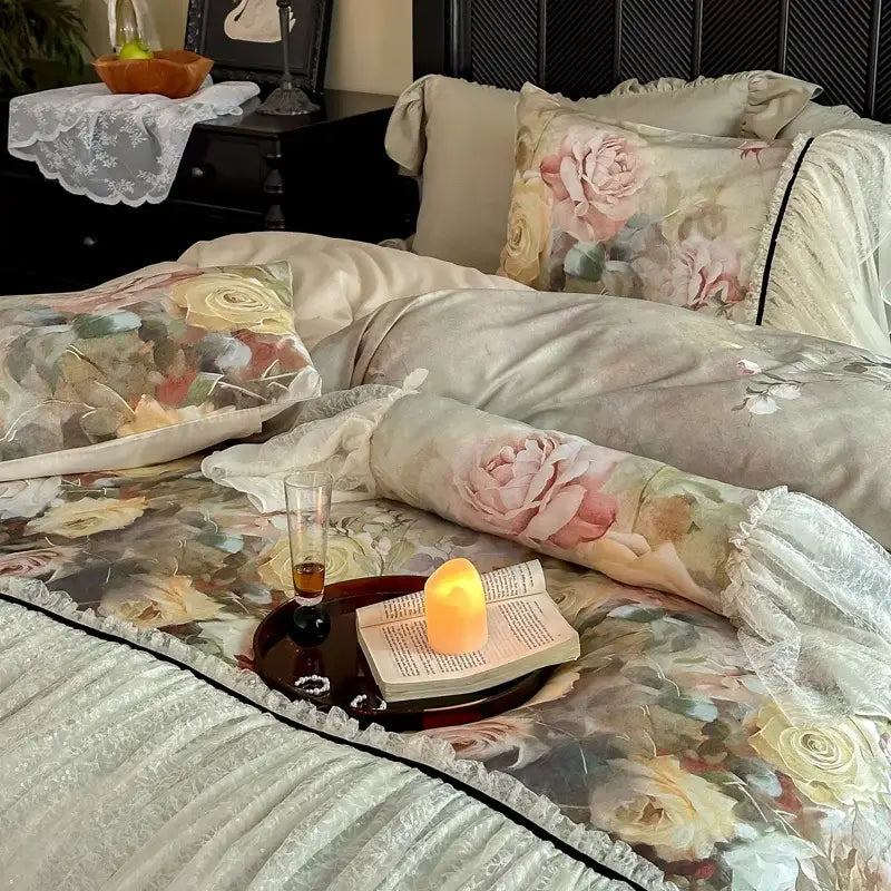 White double lace ruffles egyptian cotton bedding set bedroom